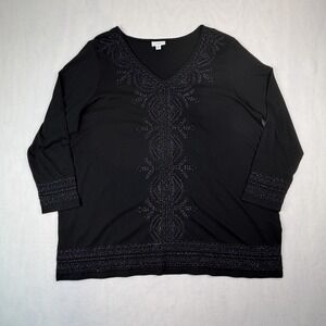 J. Jill Women's 2X Black Beaded Embroidered V-Neck 3/4 Sleeve Tunic Blouse